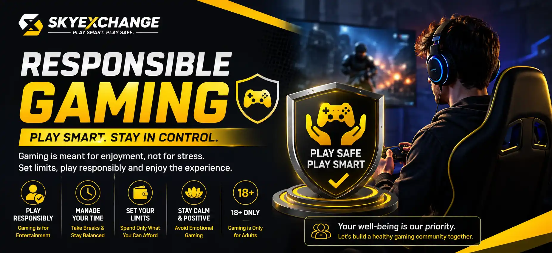 SkyExchange responsible gaming awareness banner featuring safe gaming, user protection, self-control and 18+ gaming awareness.